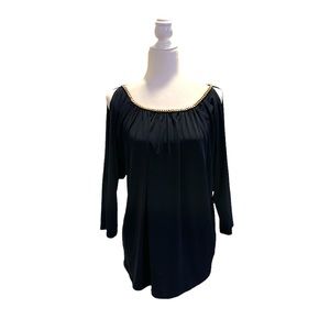 Micheal Kors dark navy blouse, gold chain collar
